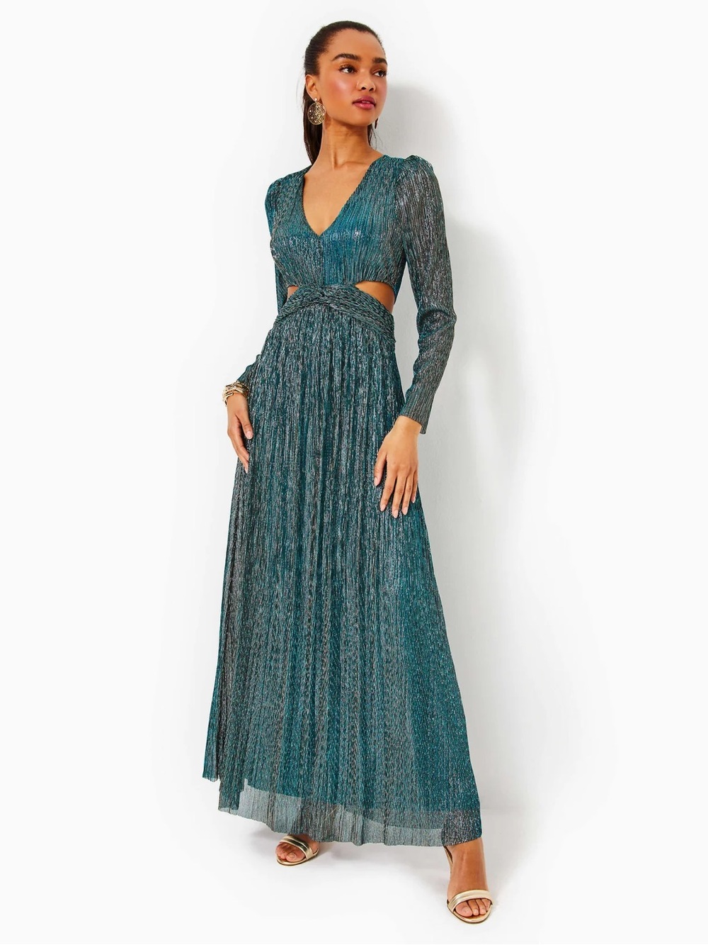 Latrice Long Sleeve Maxi Dress - Blue Rhapsody Metallic Knit Crinkle